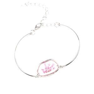 Encased Pressed Pink Firework Flower Glass & Silver Bar Bracelet Adjustable OSFM